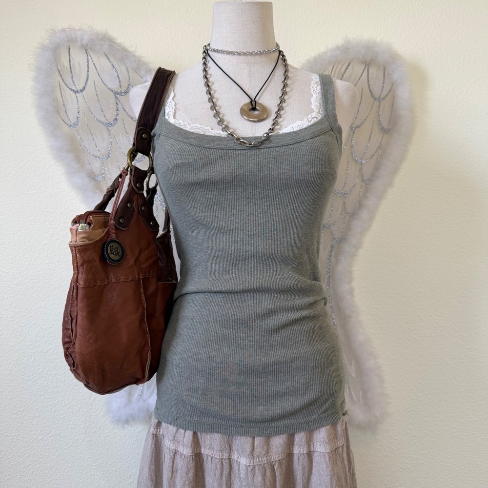 Fitted Distressed 90s‎ Ribbed Tank Top Olive Green Essential Casual Layering